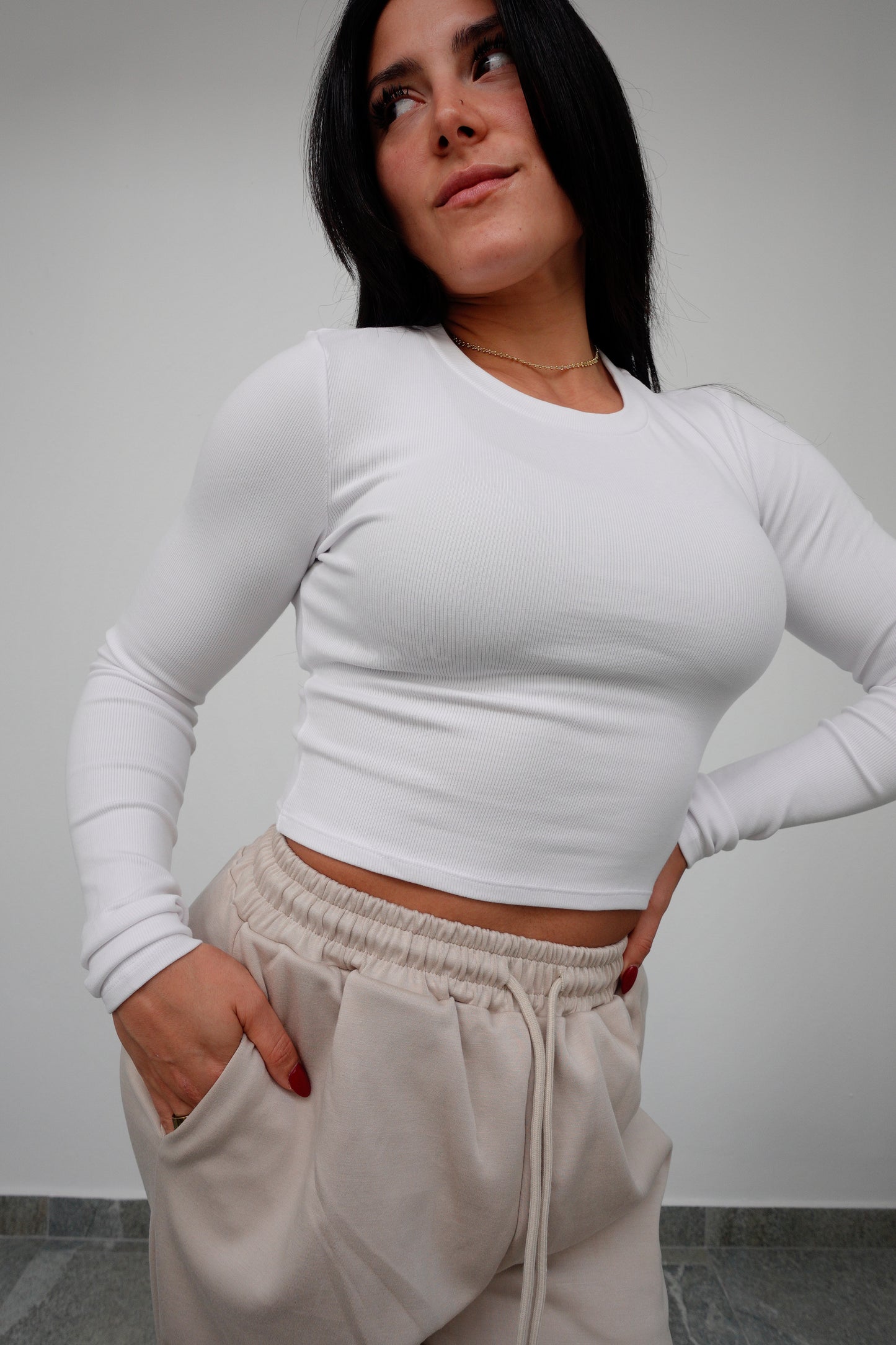 WHITE BASIC RIBBED LONG SLEEVE